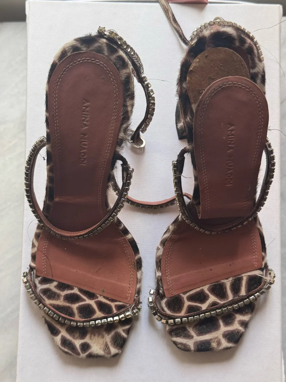 Amina Muaddi Giraffe-Print Crystal Strap Heels in Black & White Size 8